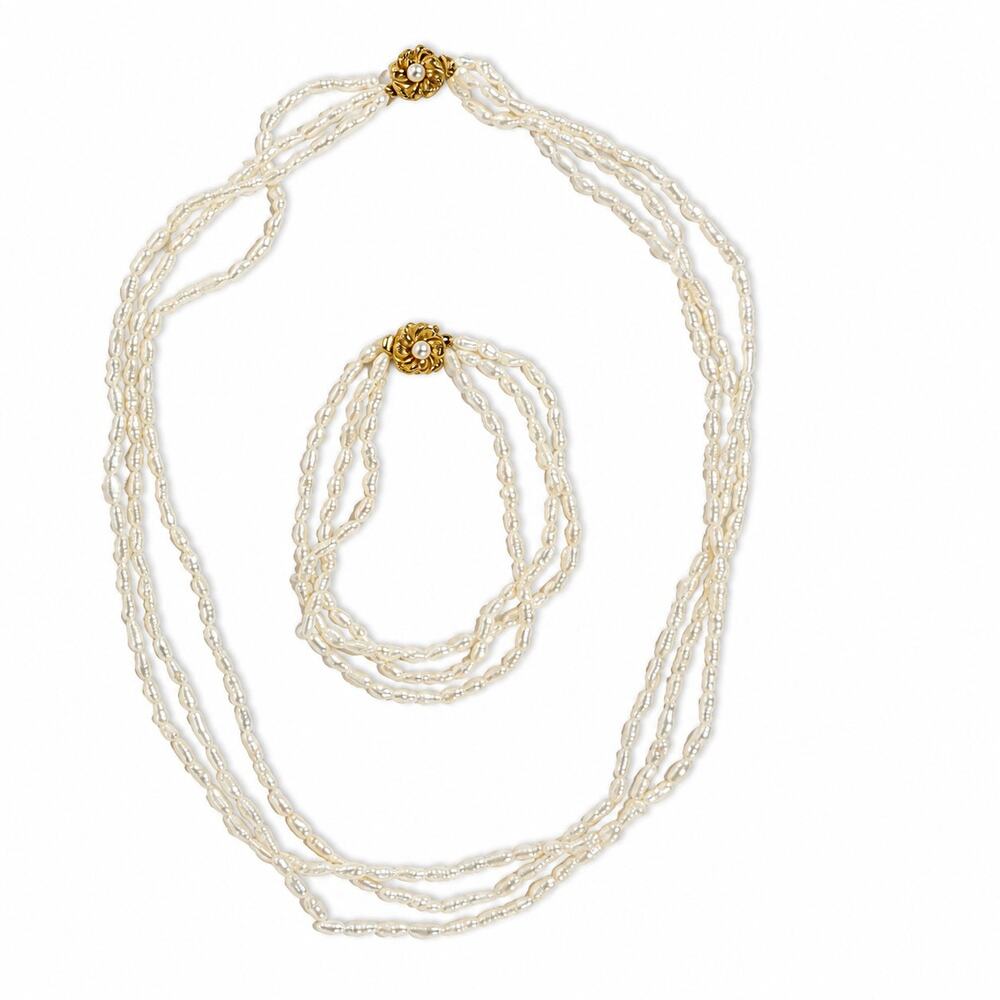 3 Strand Freshwater Pearl Necklace & Bracelet Set White Pink Luster - Picture 9 of 9